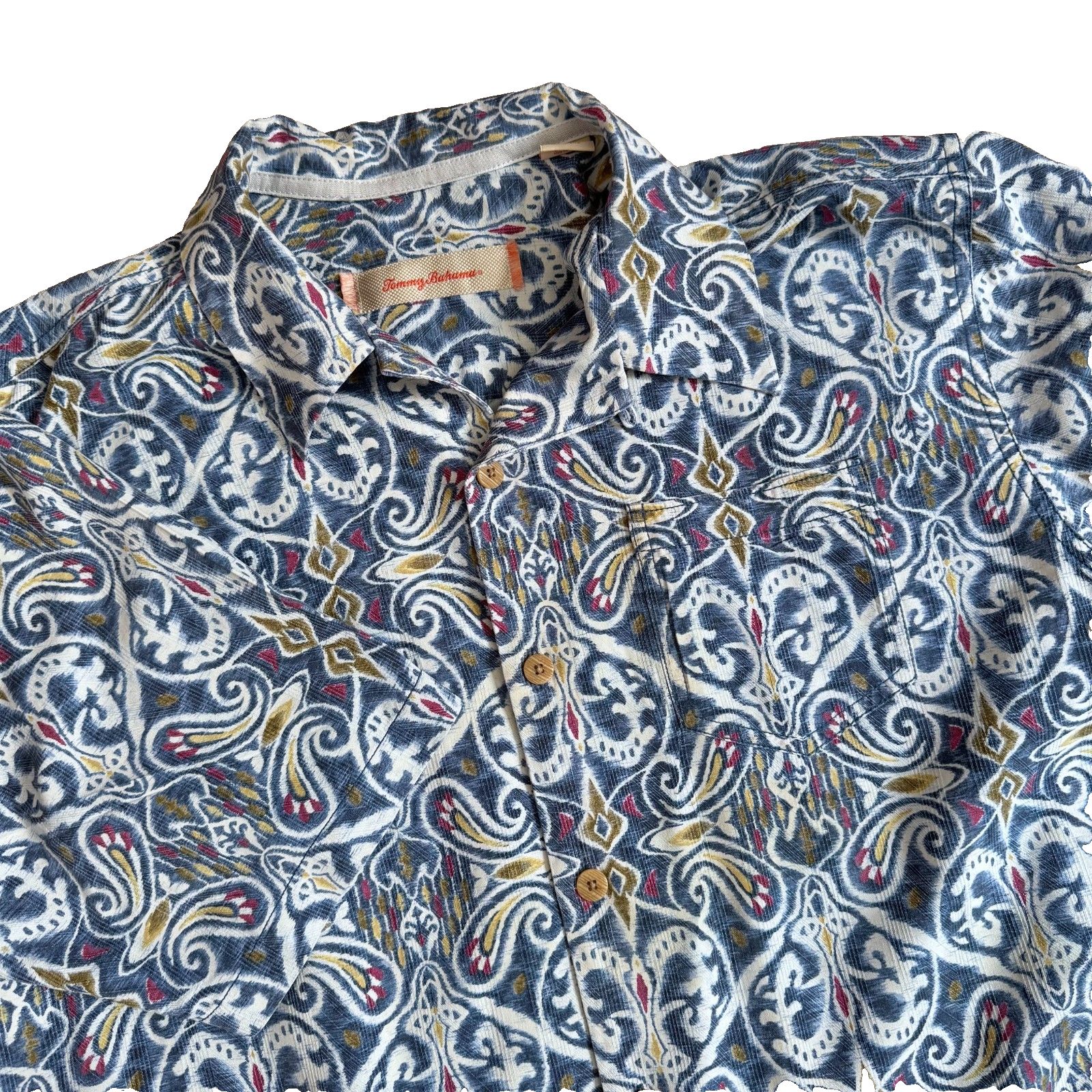 Tommy Bahama 100% Silk Camp Shirt Mens M Blue Paisley Resortwear Vacation Summer